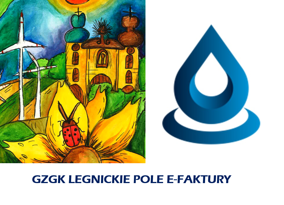 Grafika promująca e-faktury GZGK Legnickie Pole z symbolem kropli wody i kolorową ilustracją lokalną.