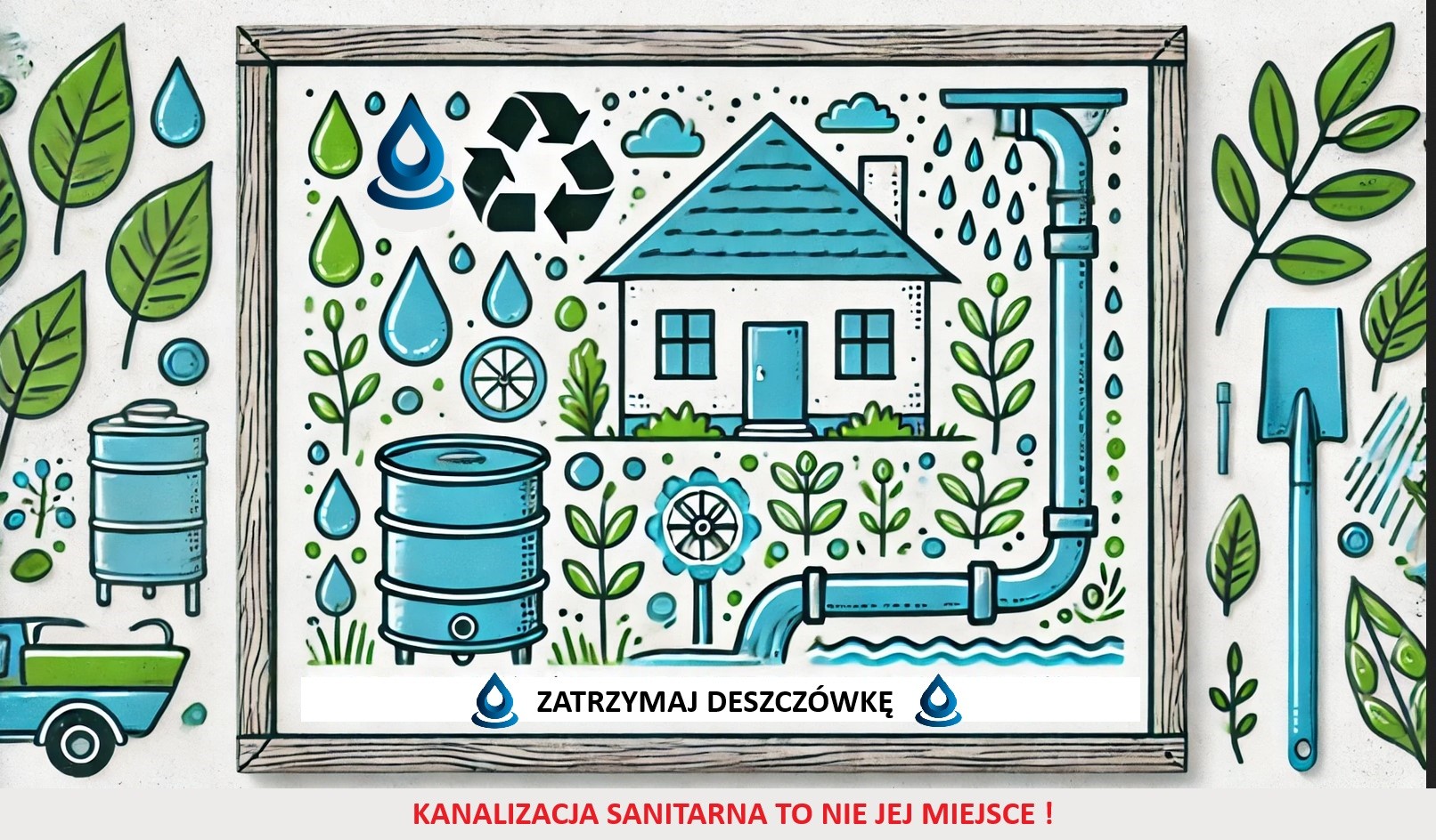 Grafika promująca retencję wody deszczowej z napisem „Zatrzymaj deszczówkę. Kanalizacja sanitarna to nie jej miejsce!”.